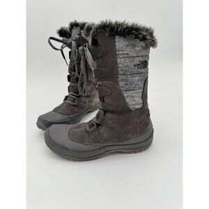 The North Face Boots Nuptse Purna Gray Suede Faux Fur Trim Mid Calf Women's 8